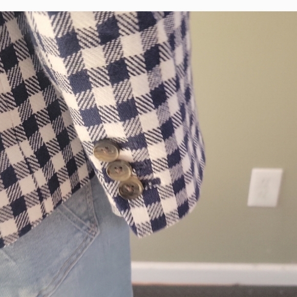 J. Crew Factory Linen Blend Navy And White Gingham Single Button Blazer - Picture 5 of 11